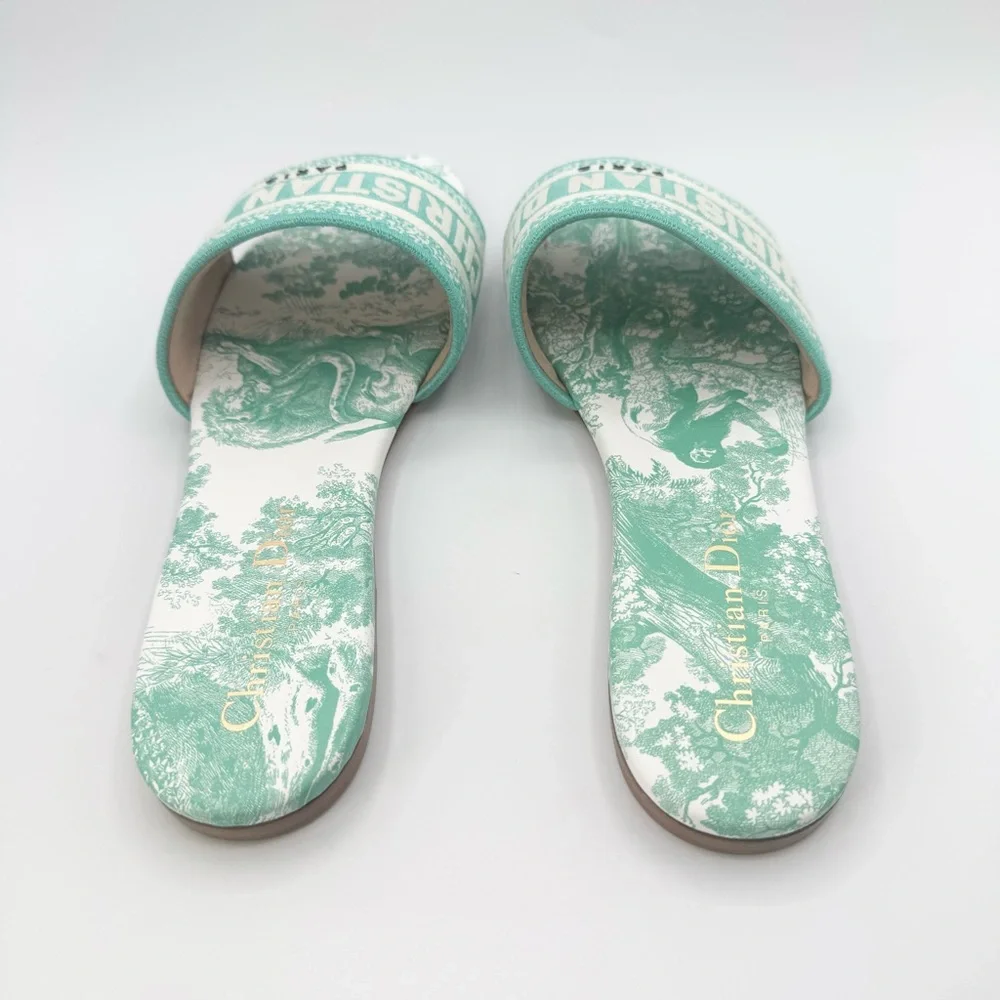 NEW Dior Green White Dway Toile Embroidered Canvas Flat Slide Sandals Shoes